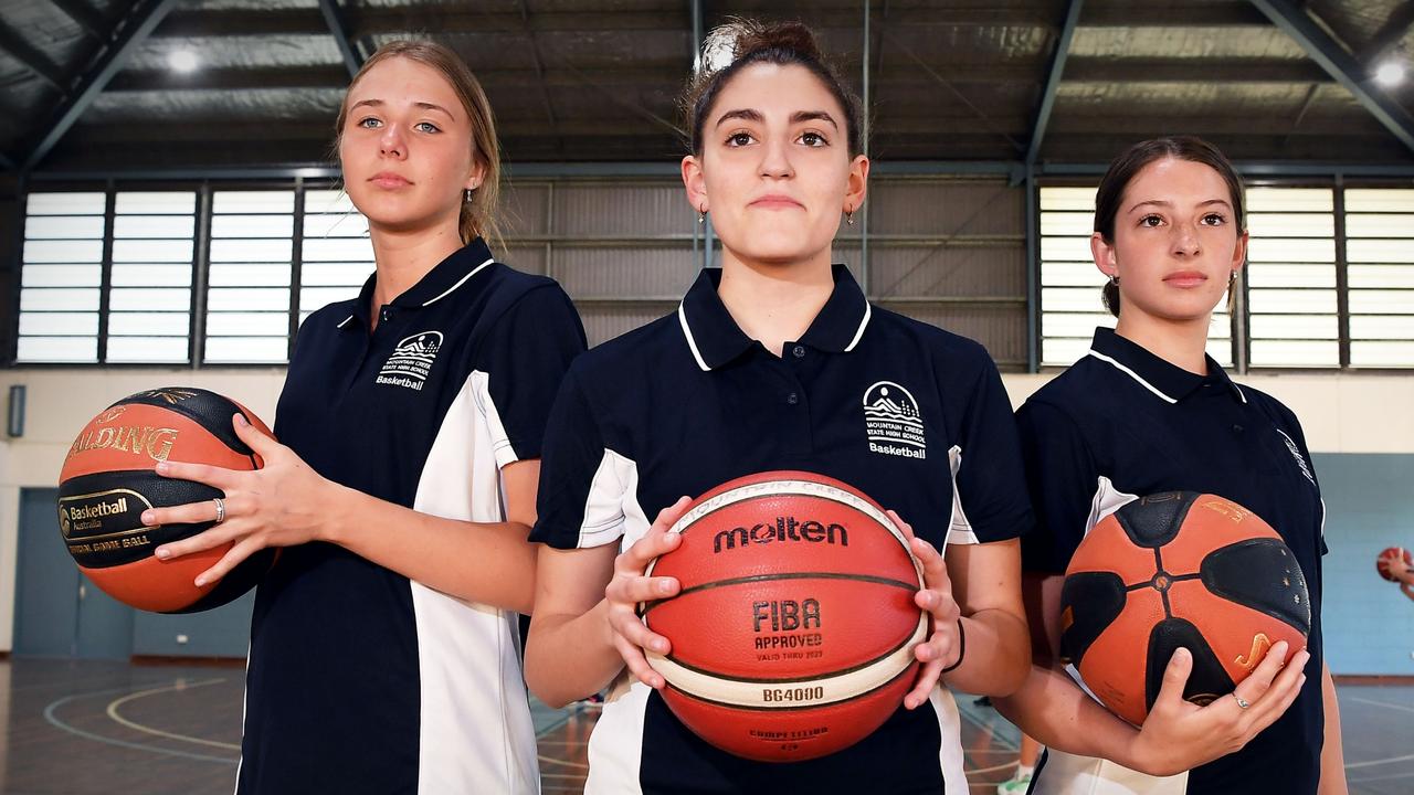 Queensland schools basketball tournament and Mountain Creek State High School have senior championship division girls team competing. Pictured, Millie Willox, Ava Nason and Zoe Byrne. Photo Patrick Woods.