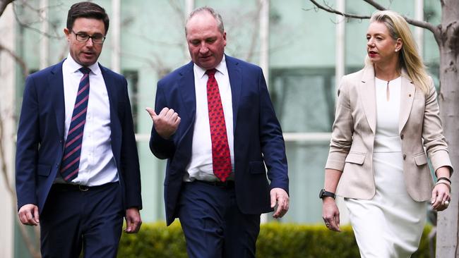 Nationals Deputy Leader David Littleproud, Barnaby Joyce and Senator Bridget McKenzie after the party’s leadership change. Picture: AAP