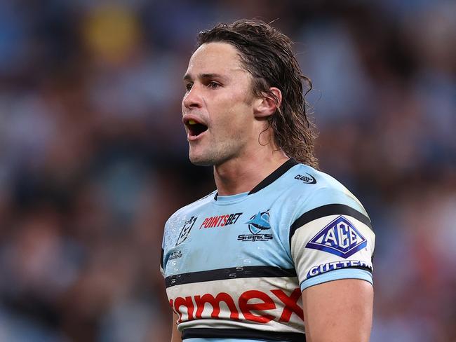 SYDNEY, AUSTRALIA - SEPTEMBER 20:  Nicho Hynes of the Sharks celebrates winning the NRL Semi Final match between Cronulla Sharks and North Queensland Cowboys at Allianz Stadium on September 20, 2024 in Sydney, Australia. (Photo by Jason McCawley/Getty Images)