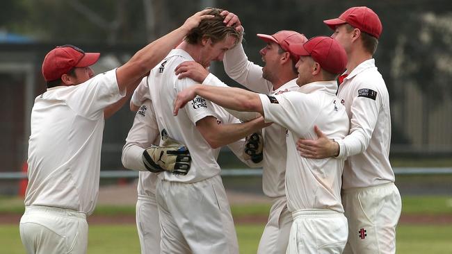 Diamond Creek celebrates a wicket last season. Kevin Gleeson will be calling the shots at the club in 2020-21. Picture: Hamish Blair