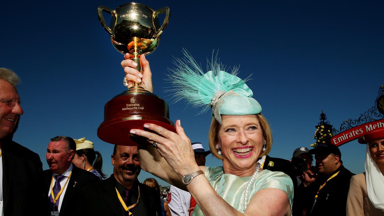 2013 Melbourne Cup Day Flemington Racecourse, Melbourne - November 5th, Picture by Colleen Petch. Race 7 - Emirates Melbourne Cup 3200m - Trainer Gai Waterhouse holds the cup after winning the cup with Fiorente with Damien Oliver onboard.