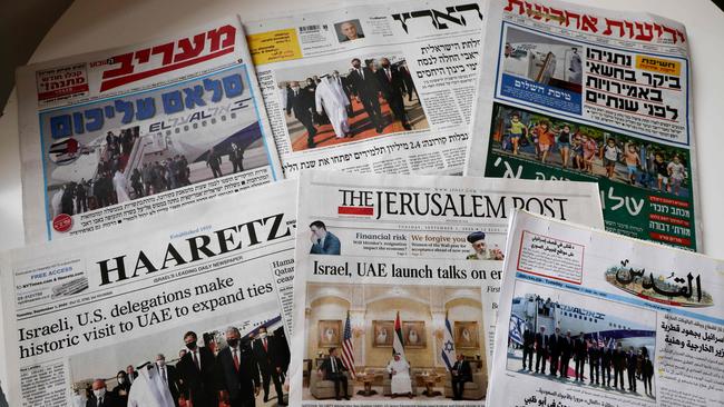 The front pages of Israeli and Palestinian newspapers on September 1 were lined with images of the US-Israeli delegation arriving to Abu Dhabi. The first commercial flight from Tel Aviv marked the normalisation of ties between the Jewish state and the UAE. Picture: AFP