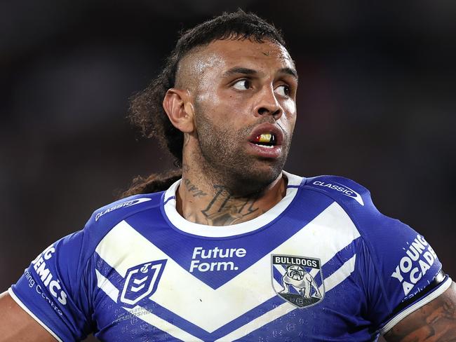 SYDNEY, AUSTRALIA - AUGUST 30:  Josh Addo-Carr of the Bulldogs looks on during the round 26 NRL match between Canterbury Bulldogs and Manly Sea Eagles at Accor Stadium on August 30, 2024, in Sydney, Australia. (Photo by Cameron Spencer/Getty Images)