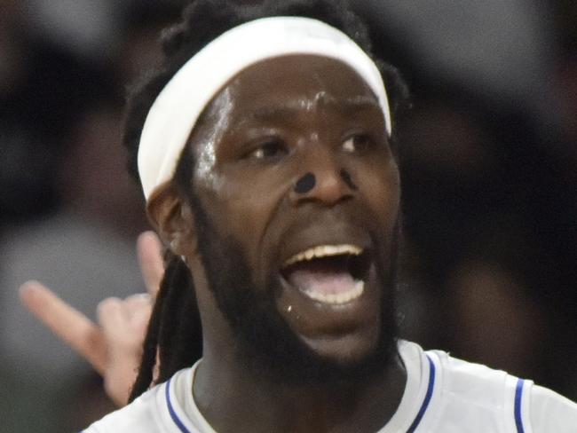 HOBART, AUSTRALIA - JANUARY 10: Montrezl Harrell of the 36ers reacts to a foul call during the round 16 NBL match between Tasmania Jackjumpers and Adelaide 36ers at MyState Bank Arena, on January 10, 2025, in Hobart, Australia. (Photo by Simon Sturzaker/Getty Images)