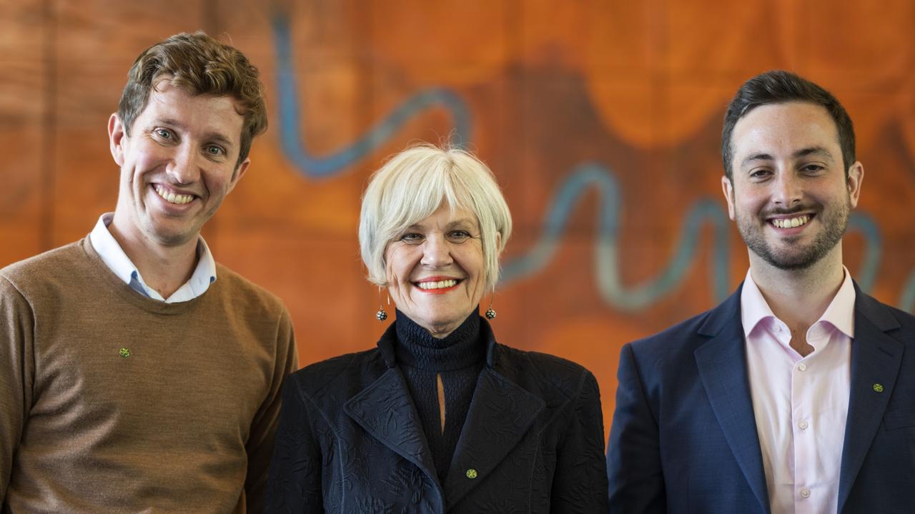 Queensland Greens Max Chandler-Mather MP for Griffith, with colleagues Elizabeth Watson-Brown MP for Ryan and Stephen Bates MP for Brisbane. Picture: NCA NewsWire / Martin Ollman