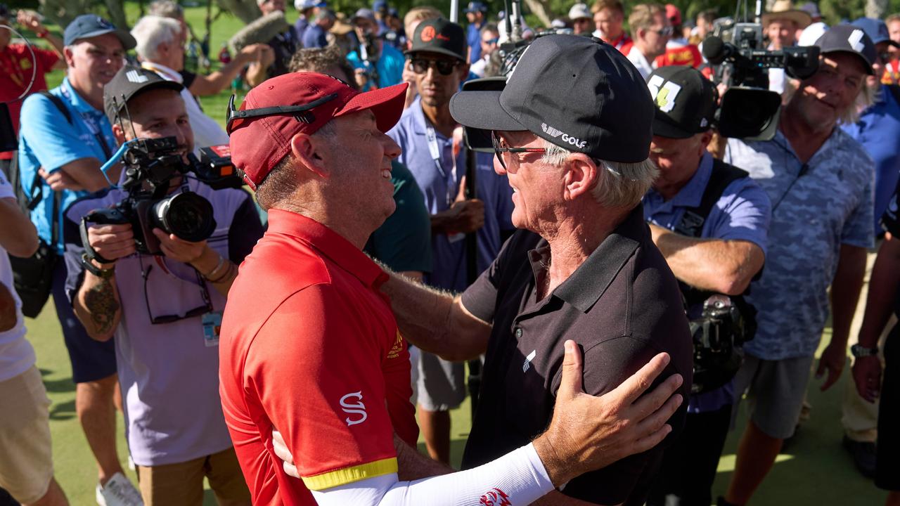 SOTOGRANDE, SPAIN - JULY 14: LIV CEO Greg Norman congratules Sergio Garcia of Fireballs GC after winning the LIV Golf Andalucia at Real Club Valderrama on July 14, 2024 in Sotogrande, Spain. (Photo by Angel Martinez/Getty Images)