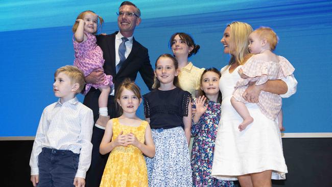 Premier Dominic Perrottet with his family at the Liberal campaign launch and reveal of the proposed policy. Picture: Monique Harmer