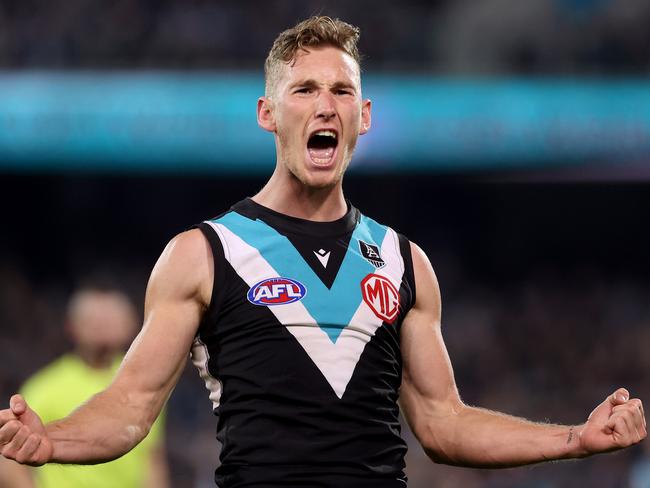 ADELAIDE, AUSTRALIA - MAY 08: Kane Farrell of the Power celebrates a goal during the 2021 AFL Round 08 match between the Port Adelaide Power and the Adelaide Crows at Adelaide Oval on May 08, 2021 in Adelaide, Australia. (Photo by James Elsby/AFL Photos via Getty Images)