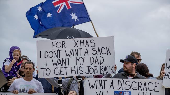 Workers from the Jewel development protesting after a number of job cuts earlier this year. Picture: Jerad Williams