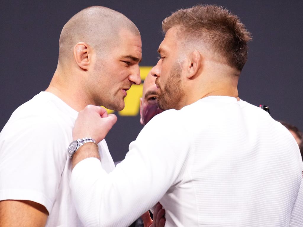 Strickland and du Plessis go face-to-face during what has been a heated build-up. Picture: Chris Unger/Zuffa LLC via Getty Images