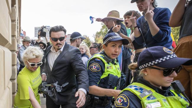 Anti-trans activist Kellie-Jay Keen leaves the Let Women Speak rally.