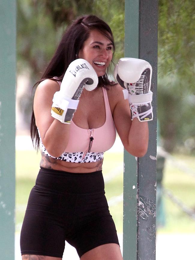 Arabella Del Busso is pictured boxing and working out with her trainer in Melbourne. Photo: Matrix Media Group.