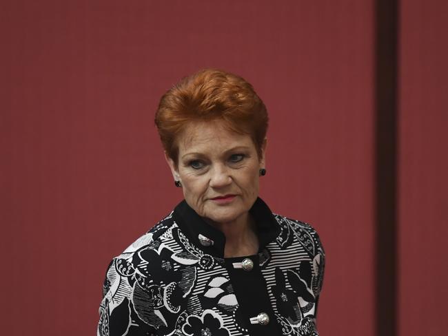 One Nation party leader Pauline Hanson reacts after Australian Communications Minister Mitch Fifield made a statement to the Senate in the Senate chamber at Parliament House in Canberra, Monday, October 15, 2018.  (AAP Image/Lukas Coch) NO ARCHIVING