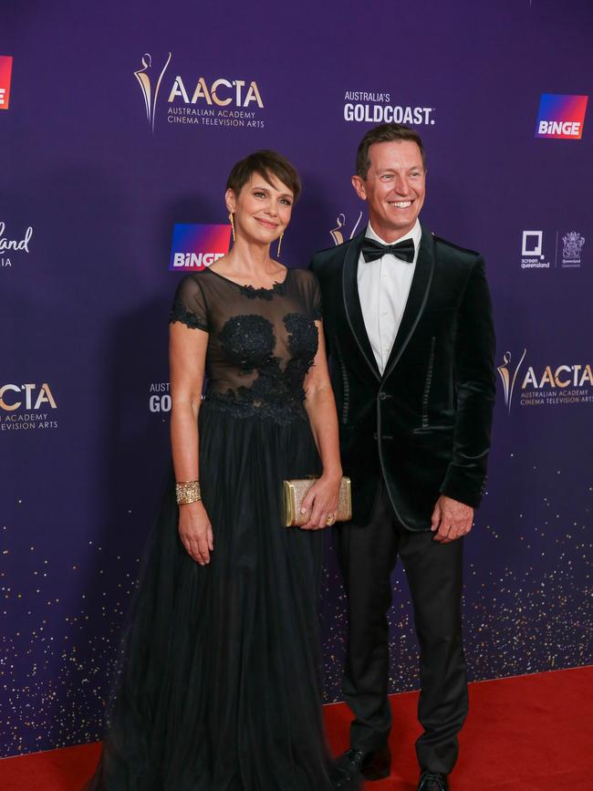 Rove McManus and Tasma Walton arrives on the Red Carpet at the 2024 Aacta Awards at HOTA on the Gold Coast. Picture: Glenn Campbell