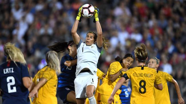 Australia's goalkeeper Mackenzie Arnold catches the ball during the Tournament of Nations