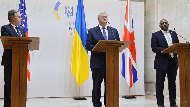 Antony Blinken, left, the US secretary of state, met Andrii Sybiha, the Ukrainian foreign minister, and David Lammy, the foreign secretary, in Kyiv for discussions last week. Picture: Pavlo Bahmut/Getty Images