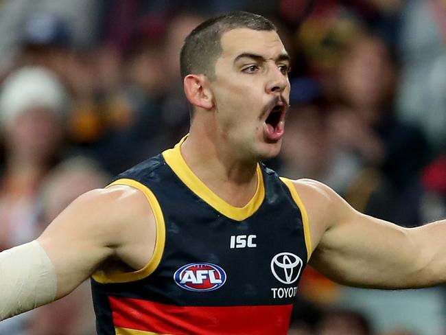 ADELAIDE, AUSTRALIA - AUGUST 17: Taylor Walker of the Crows reacts during the 2019 AFL round 22 match between the Adelaide Crows and the Collingwood Magpies at the Adelaide Oval on August 17, 2019 in Adelaide, Australia. (Photo by James Elsby/AFL Photos via Getty Images)