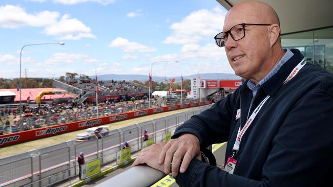 Peter Dutton watches the 2024 Bathurst 1000 Supercar race at Mount Panorama Bathurst. Picture: NewsWire/Damian Shaw