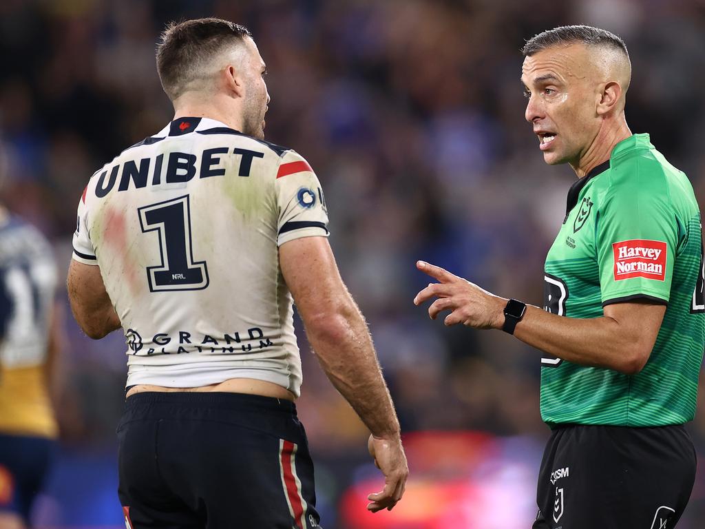 James Tedesco complains to referee Matt Cecchin during the game against the Eels. Picture: Cameron Spencer/Getty Images