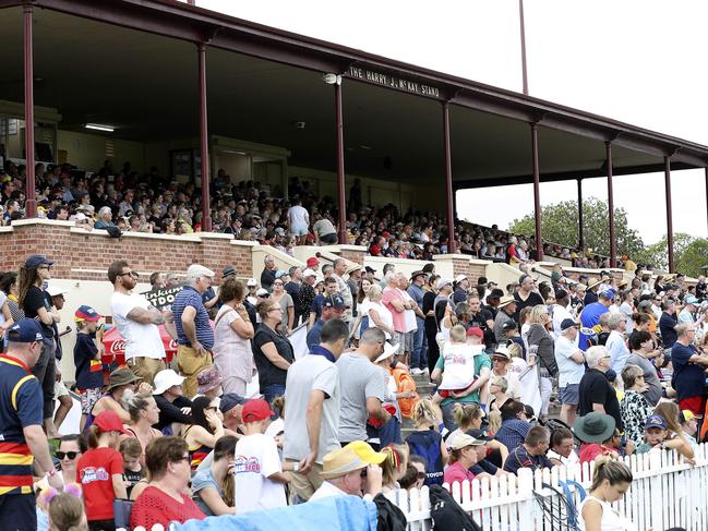 What a sight! It was standing room only with the crows of 7725 watching on as the Crows took on GWS at Unley Oval on Sunday in the first game of AFLW played at the suburban ground. Picture Sarah Reed.