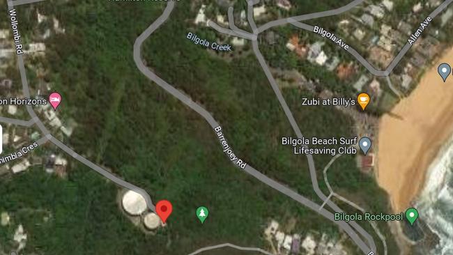 The location (red marker) of a proposed 16.5m-high mobile phone tower to be located on an escarpment above Newport and Bilgola beaches. Picture: Google Maps