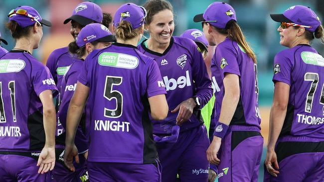 Amy Satterthwaite celebrates with team mates after taking a hat-trick. Picture: Getty Images