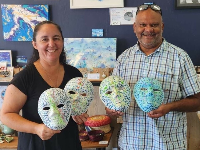 Indigenous artist Harold Bowen brought his work down from Hope Vale to be displayed and sold at 3 Little Birds Espresso.