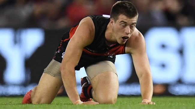 Zach Merrett reacts after his hit. Picture: AAP Images