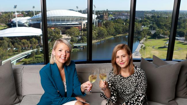 Or you may prefer this city vista. Lubi Kierno and Jodi Brown in the Eos Hotel’s Grace Villa suite. Picture: Kelly Barnes