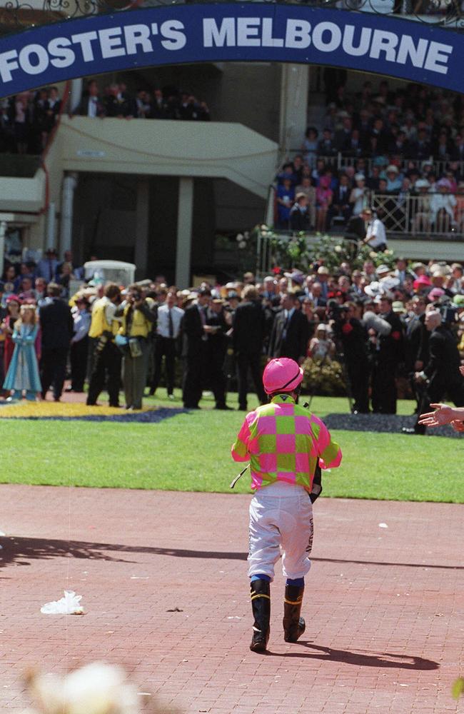 Legging it: Lance O'Sullivan returns to the mounting yard — sans Pravda. Picture: News Corp