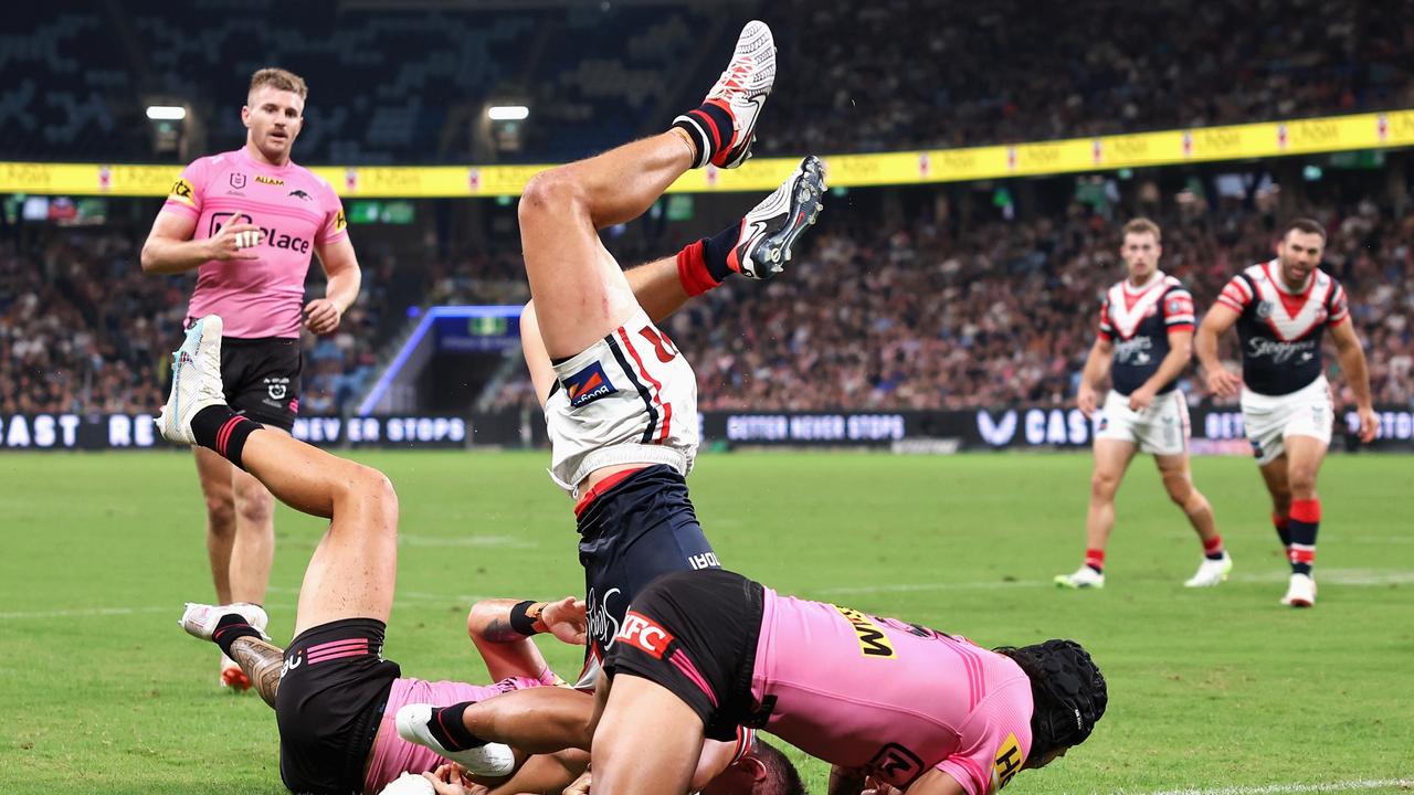 Roosters players still aren’t sure why a spectacular Joseph Manu try was taken away last week, as calls grow louder for the NRL to change the obstruction rule. Picture: Cameron Spencer/Getty Images