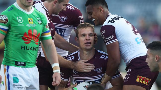 Trbojevic celebrates scoring a try – continuing his outstanding form. Picture: Brett Costello