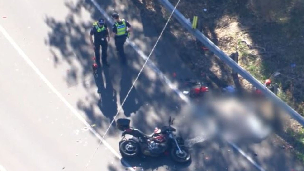 Overhead view of the motorcycle crash that killed a man on the Great Ocean Road. Picture: 9News
