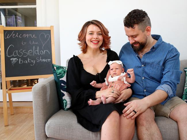 New parents Laura Sheldon and Courtney Cassar have blended their surnames to create a new name for their four-week-old daughter Lyla, creating Casseldon. Picture: Toby Zerna