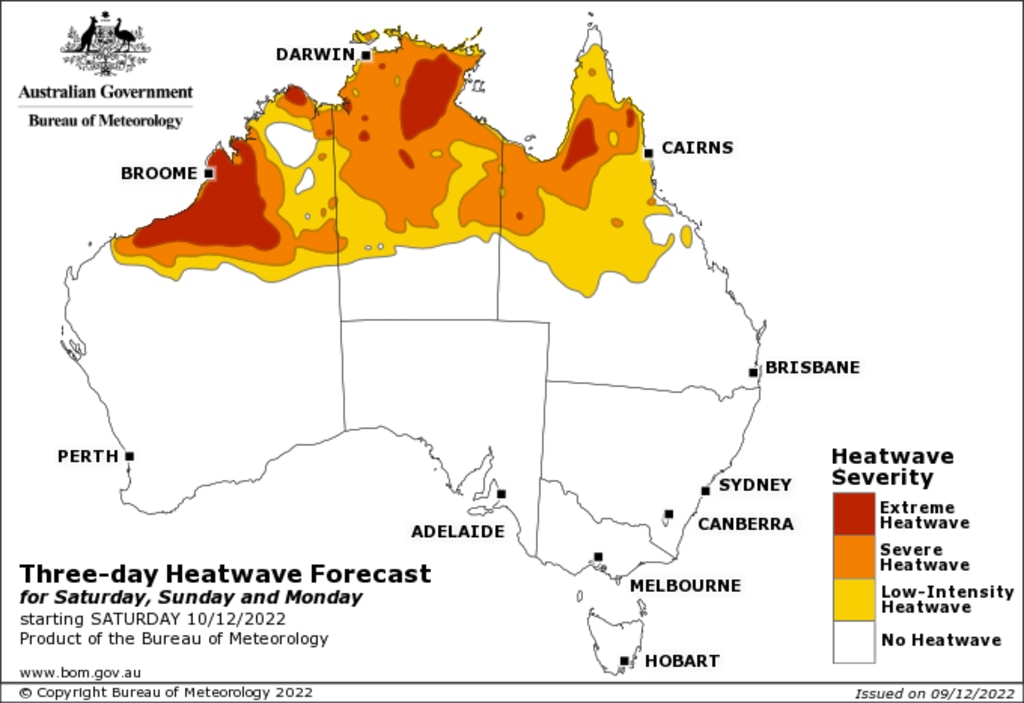 A searing heatwave continues to drive temperatures into the mid-40s in northern WA and the Northern Territory. Picture: Bureau of Meteorology