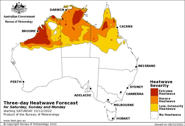 A searing heatwave continues to drive temperatures into the mid-40s in northern WA and the Northern Territory. Picture: Bureau of Meteorology