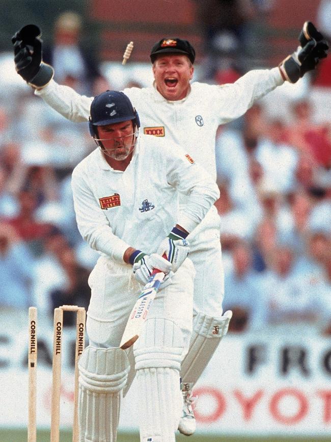 Mike Gatting and Ian Healy in the aftermath of Shane Warne's ball of the century. Picture: Steve Lindsell/Getty Images