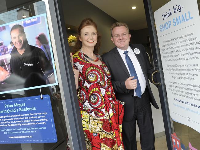 Federal Small Business Minister Bruce Billson and milliner and Shop Small ambassador Melissa Jackson. Picture: Jason Sammon/ News Corp