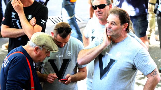 CFMEU Victorian secretary John Setka (right) with union members, including former national president Joe McDonald, at a rally calling for tougher workplace safety laws. Picture: (AAP Image/Kelly Barnes)