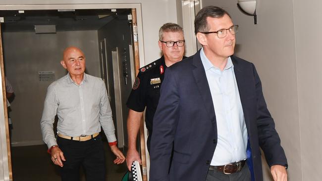 NT Chief Health Officer Dr Hugh Heggie, Police Commissioner Jamie Chalker and Chief Minister Michael Gunner address the media about the $20 million funding announcement. Picture: Katrina Bridgeford