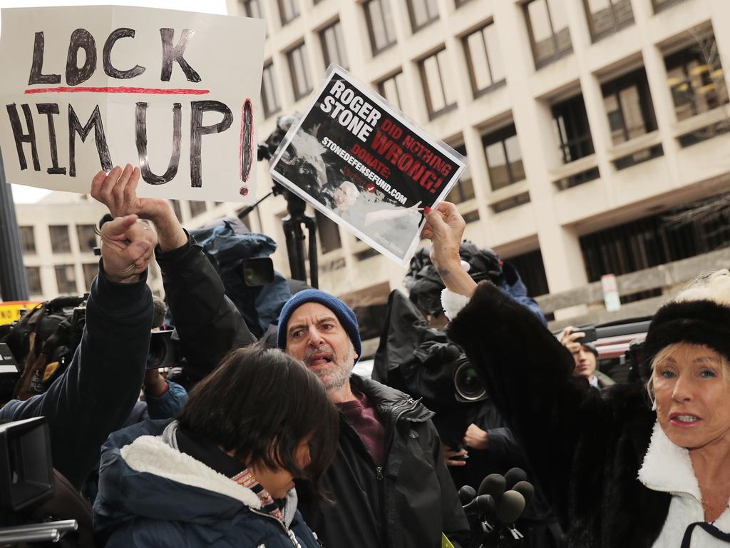 Supporters and detractors of Roger Stone, a longtime adviser to President Donald Trump, rally outside the Prettyman United States Courthouse. Picture: Getty