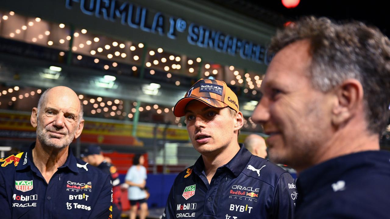 Adrian Newey, the Chief Technical Officer of Red Bull Racing, Max Verstappen of the Netherlands and Oracle Red Bull Racing and Red Bull Racing Team Principal Christian Horner. Picture: Getty Images