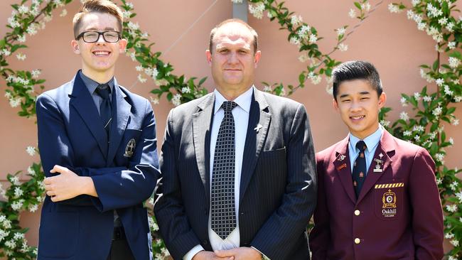 Rouse Hill Anglican College’s James Speechley, Castle Hill RSL CEO David O'Neil and Oakhill College’s Chris Teo at the White Ribbon Day launch. Picture: Joel Carrett