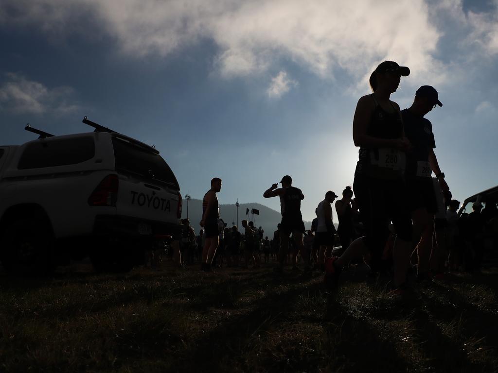 Competitors warming up in chilly morning conditions ahead of the 11km 2019 City to Casino. Picture: LUKE BOWDEN