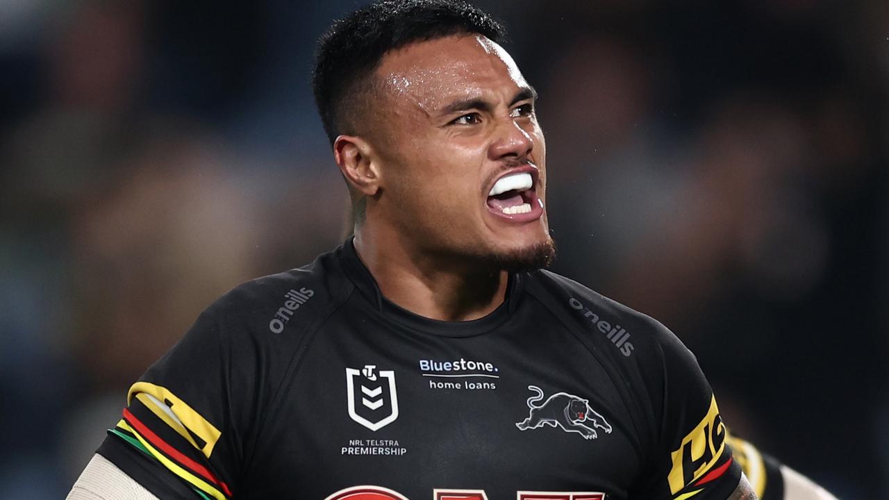 SYDNEY, AUSTRALIA - SEPTEMBER 24: Spencer Leniu of the Panthers celebrates a try during the NRL Preliminary Final match between the Penrith Panthers and the South Sydney Rabbitohs at Accor Stadium on September 24, 2022 in Sydney, Australia. (Photo by Matt King/Getty Images)