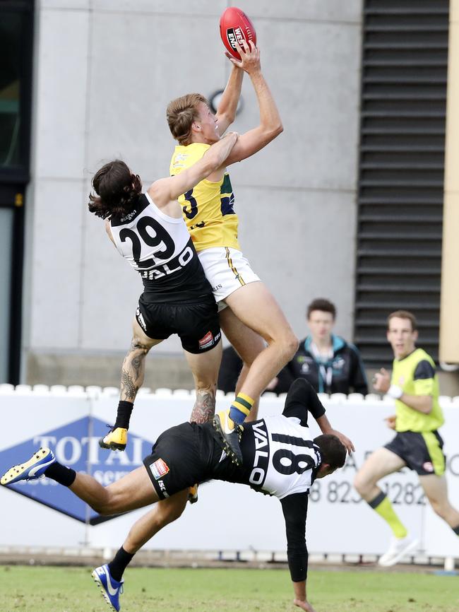 Jack Lukosius takes a big mark over Jasper Pittard and Jimmy Toumpas for the Eagles in the SANFL. Picture SARAH REED