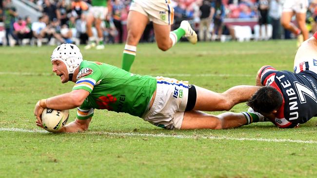 BRISBANE, AUSTRALIA - MAY 12: Jarrod Croker of the Raiders has this attempted try disallowed during the round nine NRL match between the Sydney Roosters and the Canberra Raiders at Suncorp Stadium on May 12, 2019 in Brisbane, Australia. (Photo by Bradley Kanaris/Getty Images)