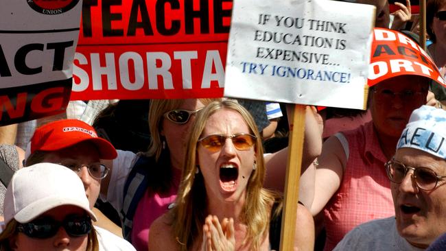 In 2004, Catholic &amp; State School teachers protested at Parliament House seeking pay increase due to teacher shortages. Picture: Sharon Walker