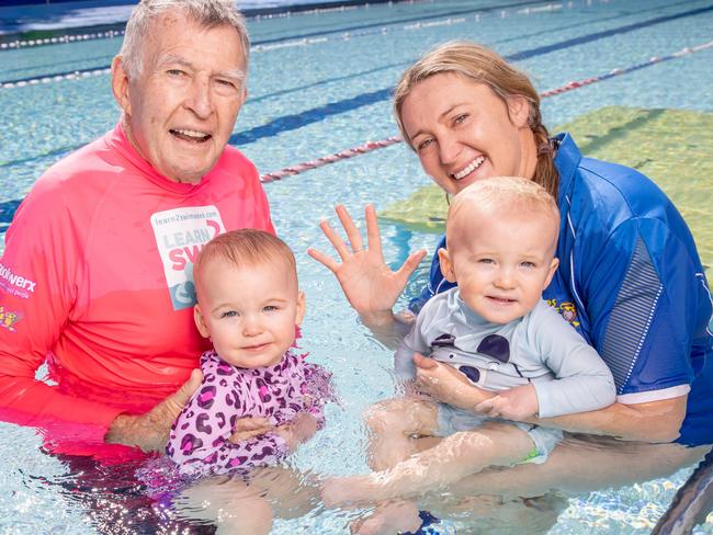 Ex-Olympic swimming coach and Kids Alive founder Laurie Lawrence with Kate Simpson, mother to two 18-month-old twins.