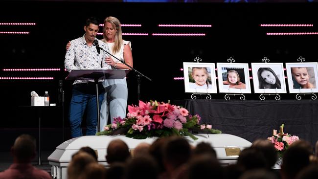 Hannah Clarke's brother Nat speaks during the funeral for Hannah and her three children Aaliyah, Laianah and Trey. (AAP Image/Dan Peled)